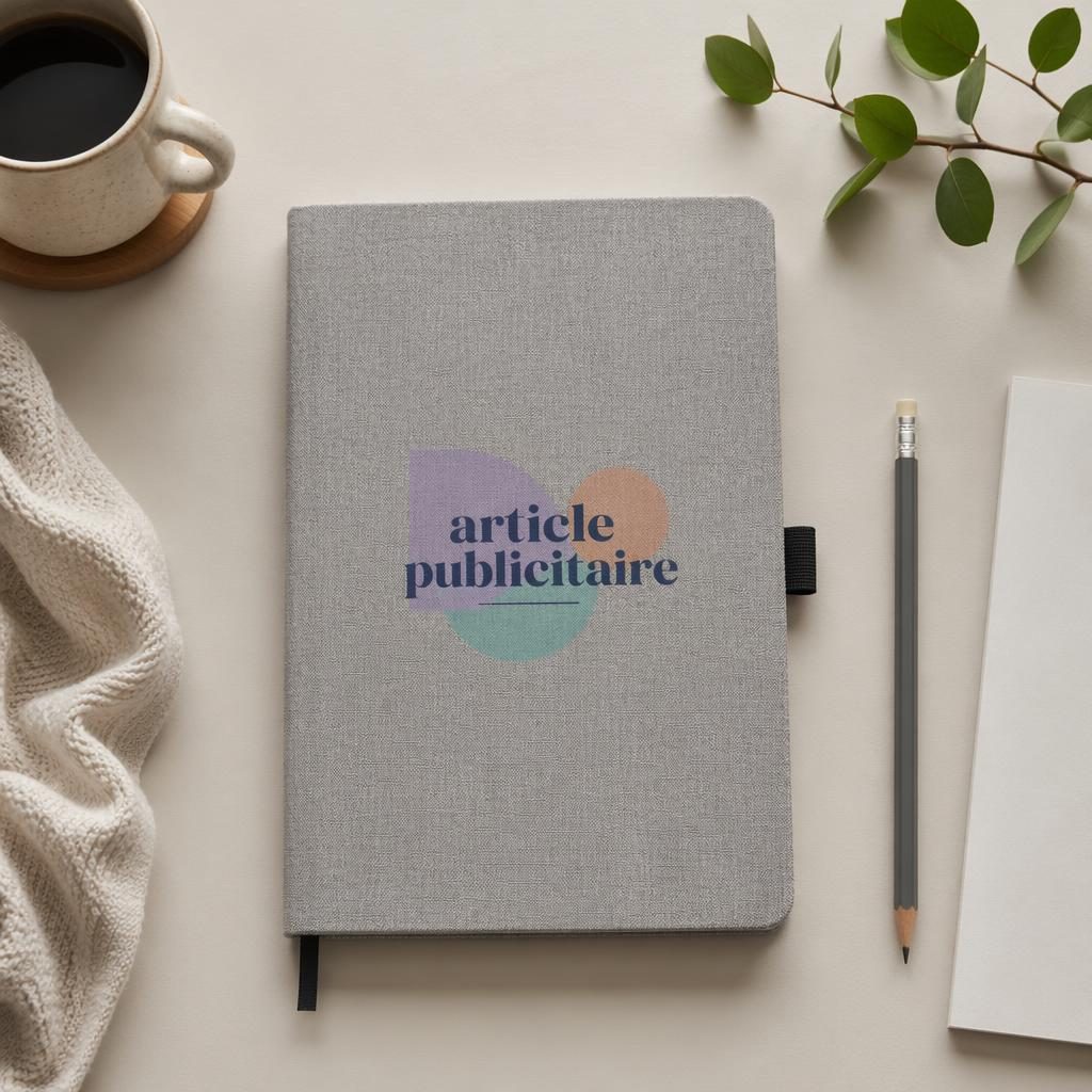 Carnet gris chiné en flat lay studio, logo article publicitaire au dos, lumière douce et texture papier réaliste.