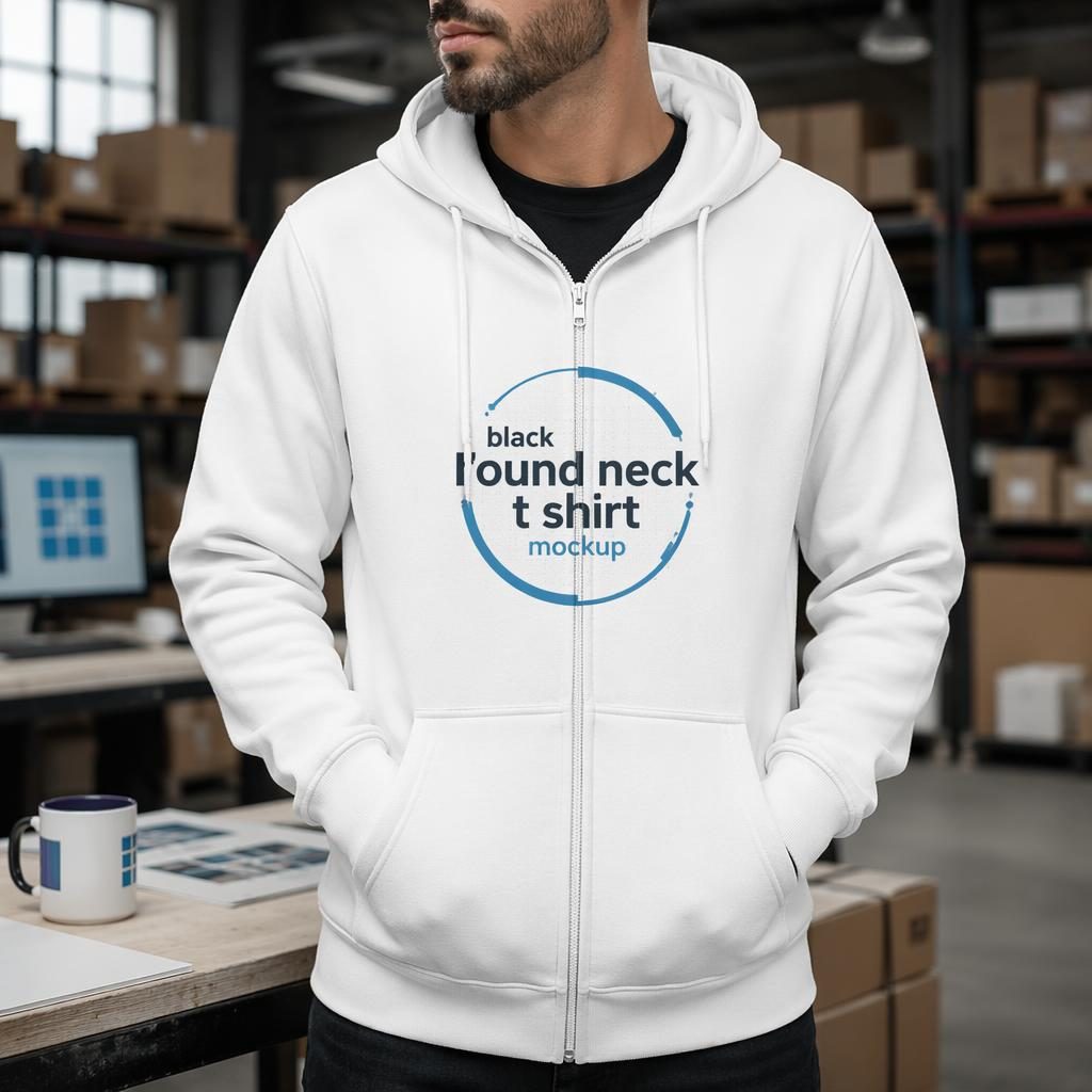 White zip-up hoodie product mockup with centered black typography logo in an industrial warehouse setting