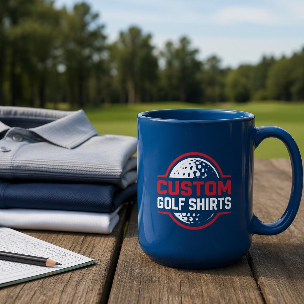 Royal blue ceramic mug mockup outdoors with a bold red and white custom golf shirts logo in sharp focus