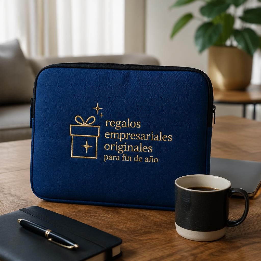 Mockup fotorealista de funda azul rey para laptop con bordado clásico, estilo hogar acogedor y detalles negro y dorado