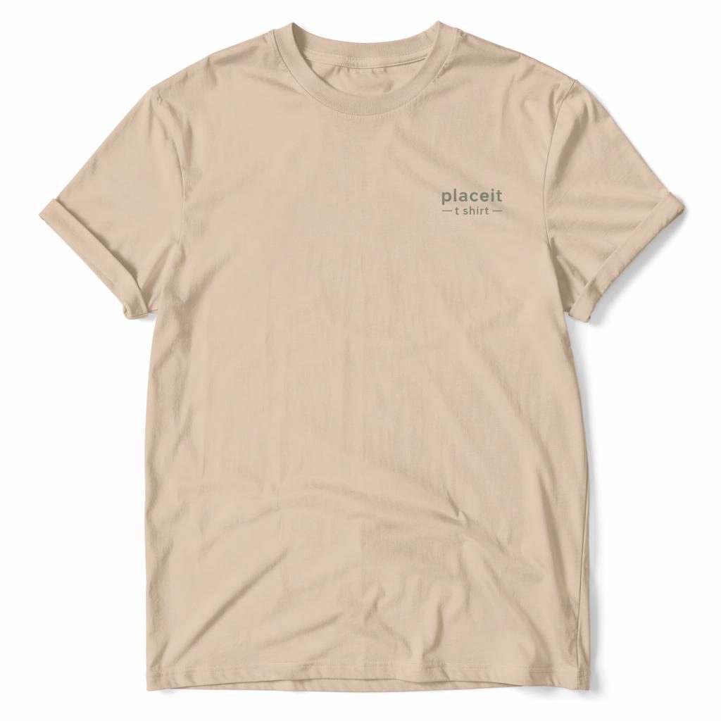 Beige sand water bottle mockup on a white background with a small placeit t shirt logo in sage and ivory.