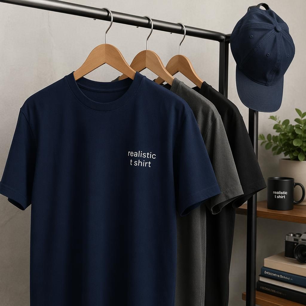 Photo-real navy cap hanging on a rack with a small monochrome realistic t shirt logo, sharp studio lighting