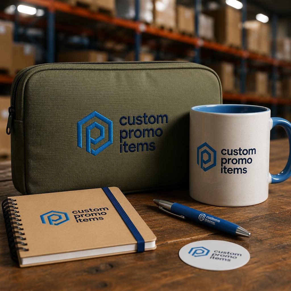 Olive green sticker pack mockup with generic custom promo items logo, styled in an industrial warehouse setting.