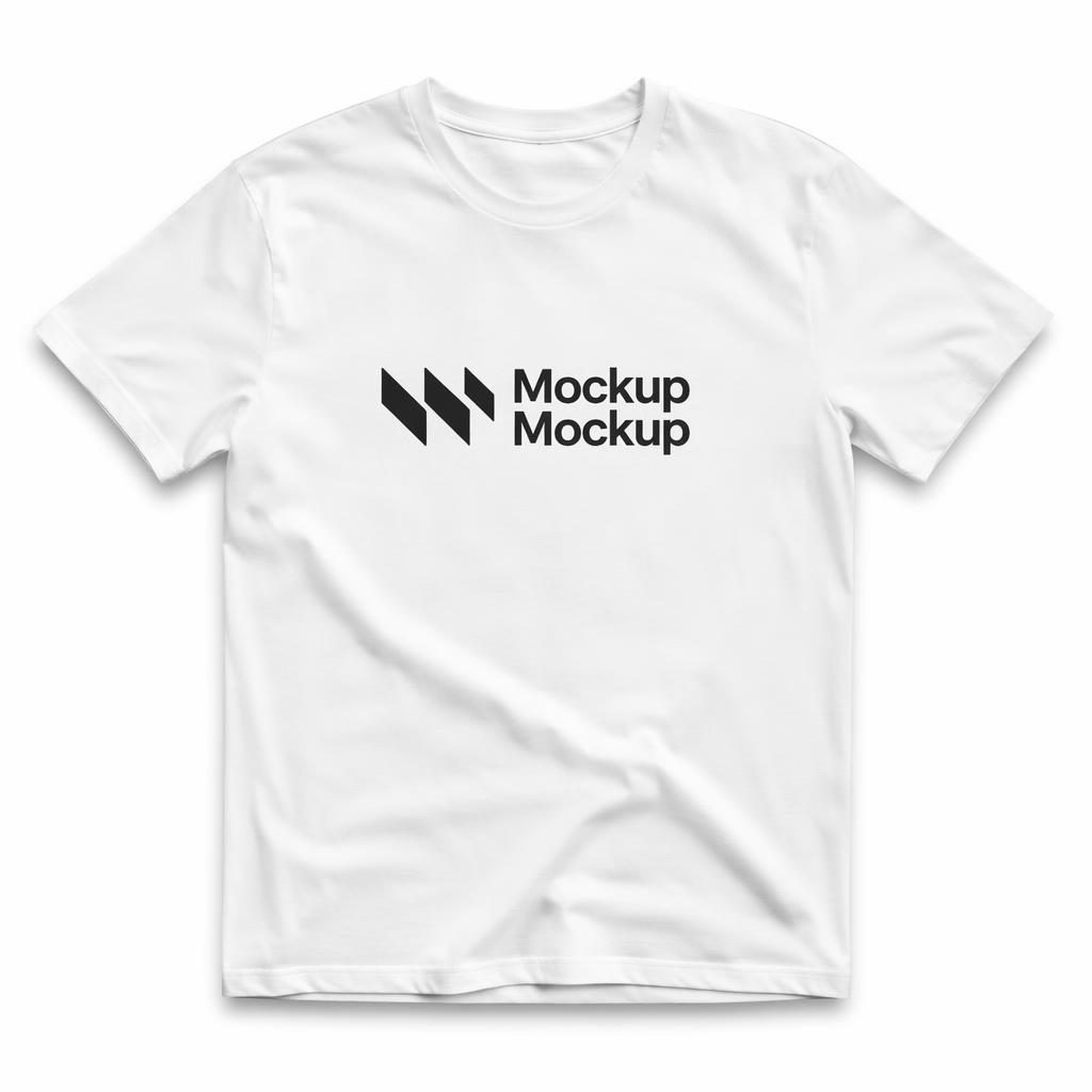 Witte t-shirt mockup met centraal borstlogo mockup mockup op witte achtergrond, strak en minimalistisch gefotografeerd.