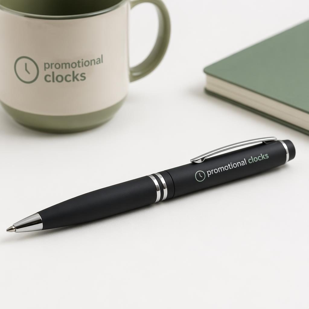 Photoreal black pen mockup on a white background with a sage and ivory promotional clocks logo