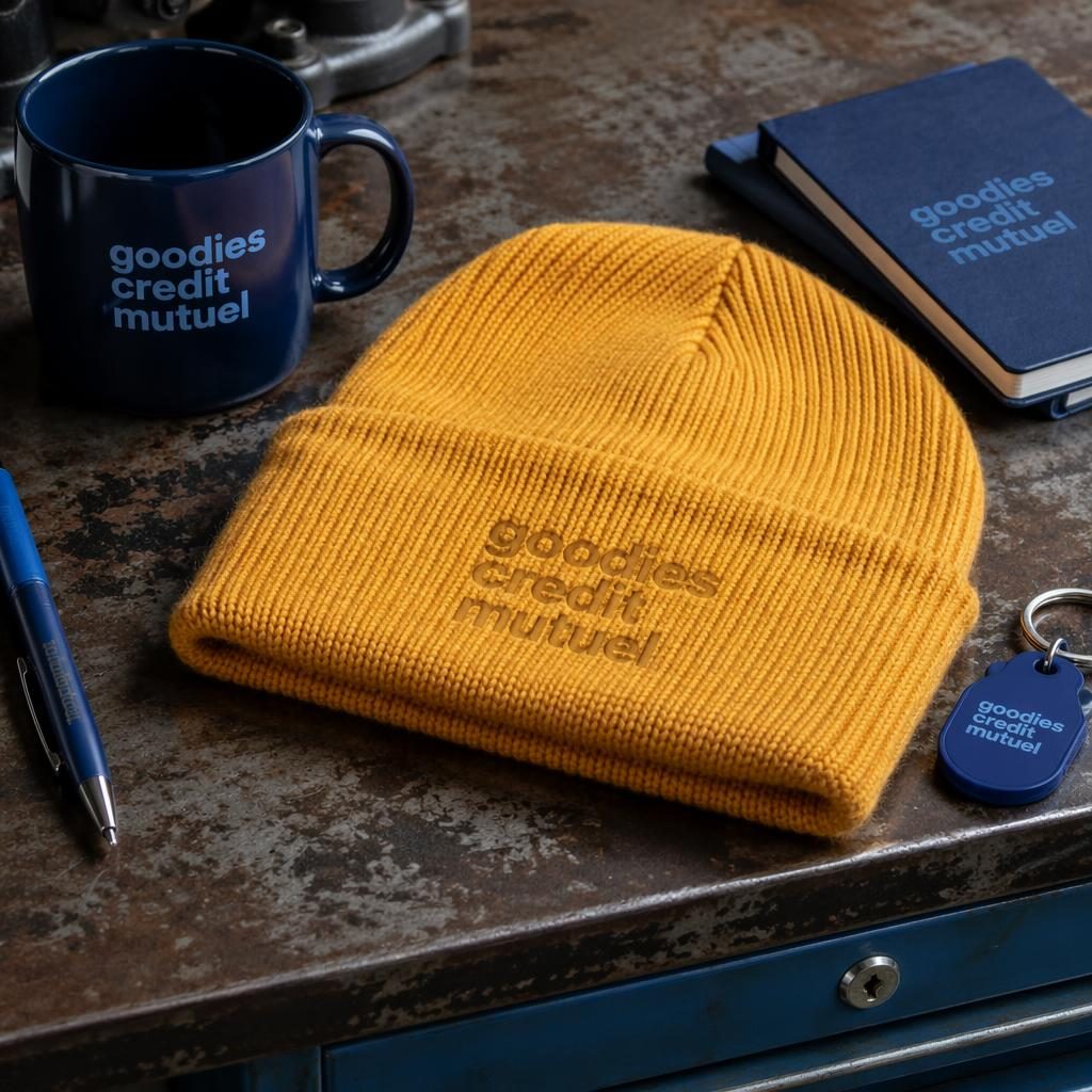 Mockup photo réaliste d’un bonnet jaune moutarde avec logo ton sur ton, ambiance entrepôt industriel.