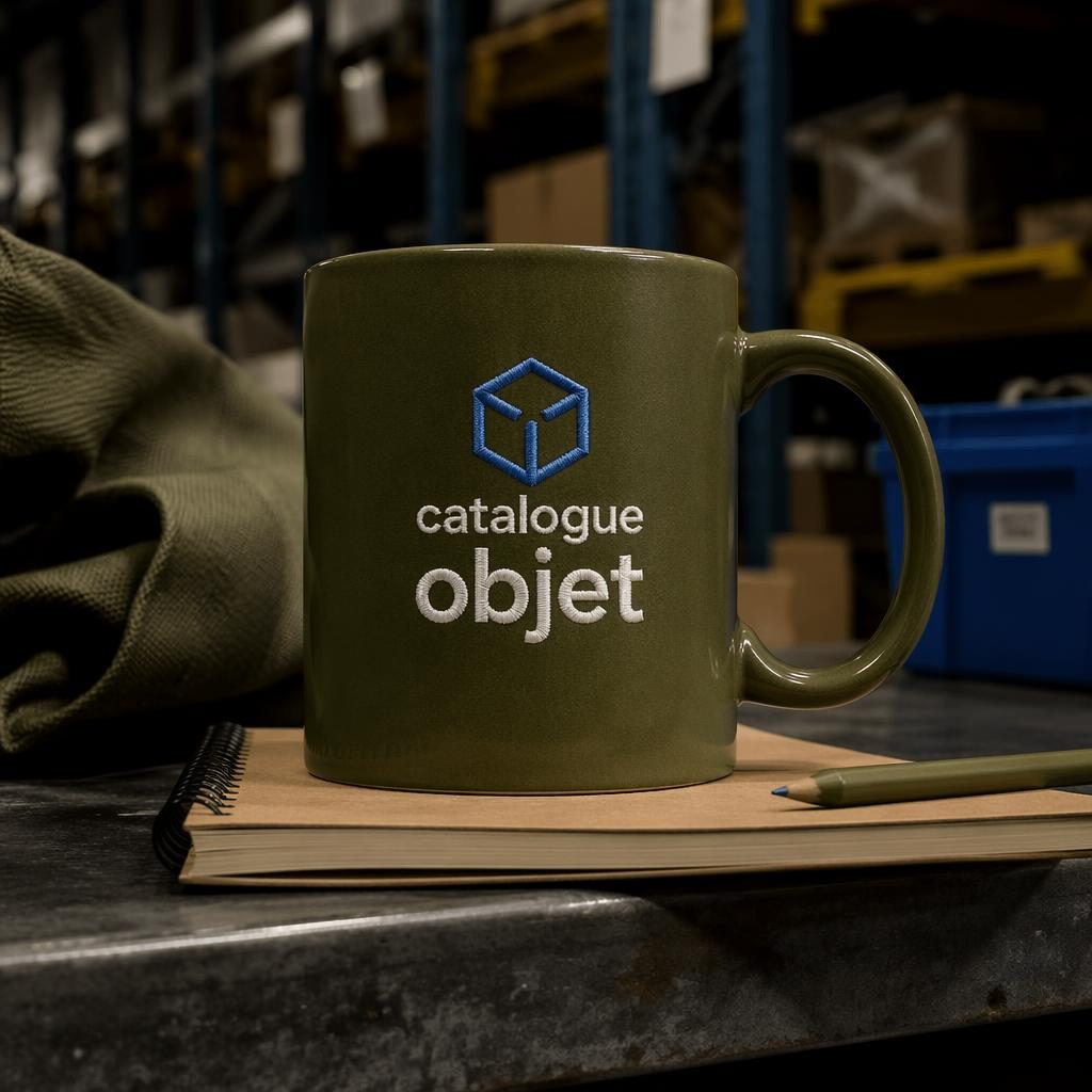 Mug vert olive en céramique avec logo catalogue objet, style industriel d’entrepôt, lumière studio nette