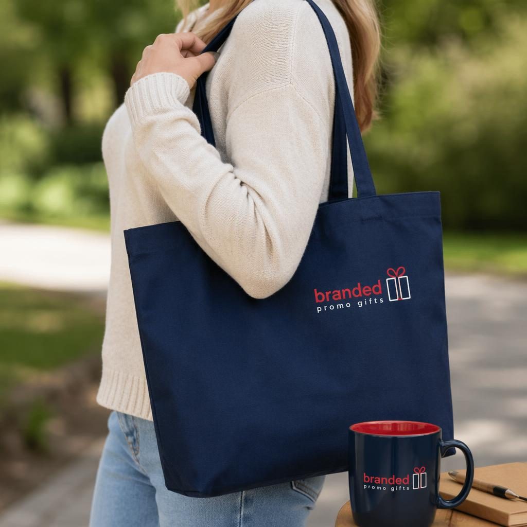 Photo-real navy tote bag mockup outdoors with a small red and white branded promo gifts logo and natural fabric texture.