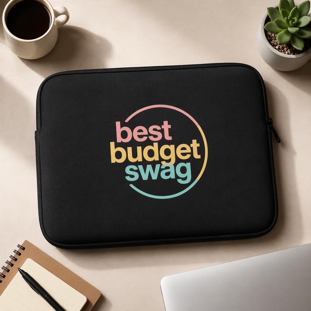 Studio flat lay of a black laptop sleeve with best budget swag logo in soft pastel tones on realistic fabric