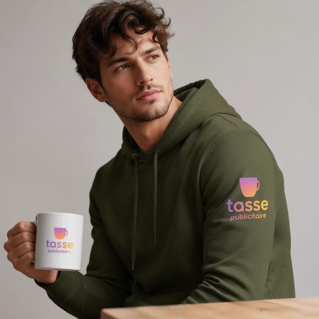 Modèle portant un hoodie vert olive avec logo dégradé tasse publicitaire imprimé sur la manche, photo studio nette.