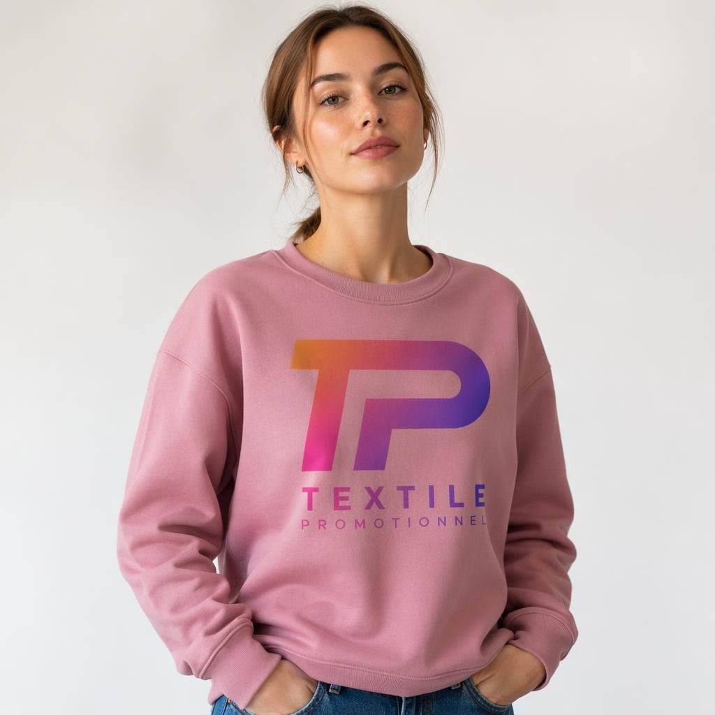 Mannequin portant un sweatshirt rose poudré avec grand logo dégradé, photo studio nette et texture du tissu visible.