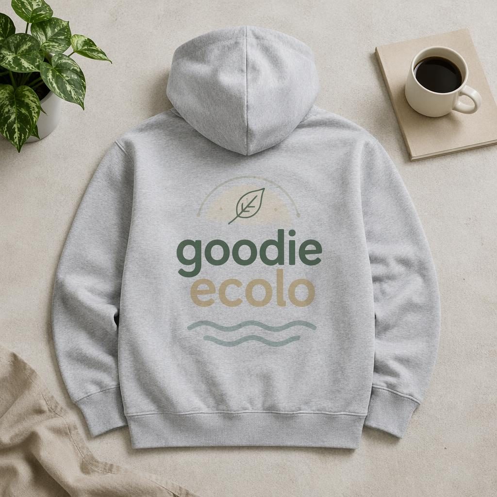 Sweat à capuche gris chiné à plat en studio, logo goodie ecolo imprimé en grand dans le dos