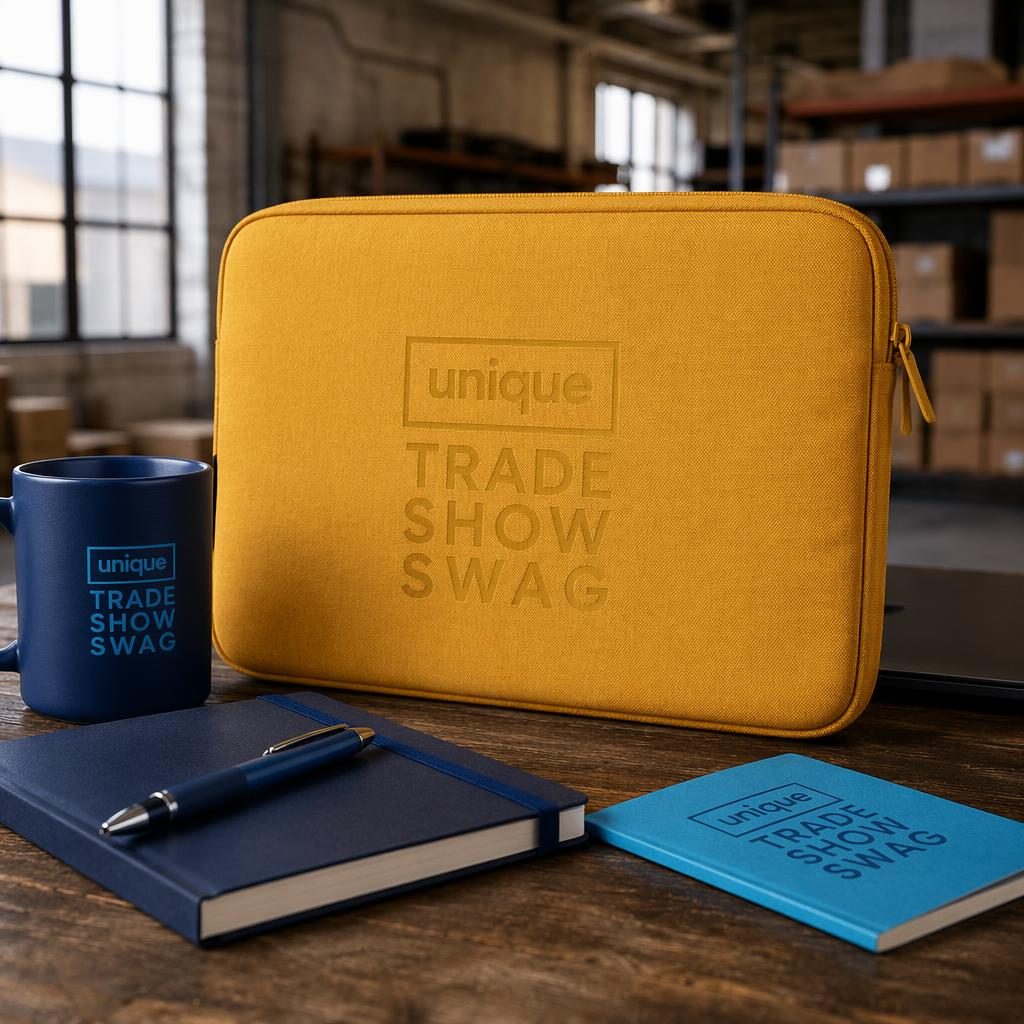 Mustard yellow laptop sleeve mockup with subtle tone-on-tone unique trade show swag logo in an industrial studio setting.