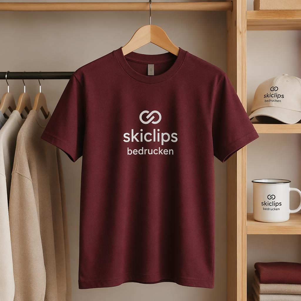 Fotorealistischer burgunderroter Kugelschreiber als Merch-Mockup mit skiclips bedrucken Logo, im Studio scharf fotografiert.
