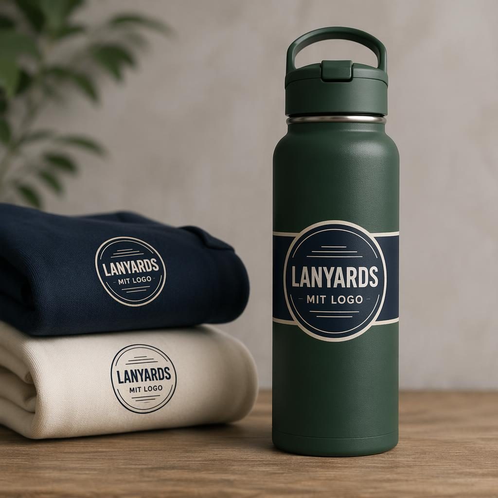 Fotorealistisches Mockup einer waldgrünen Trinkflasche mit umlaufendem lanyards mit logo im Studio