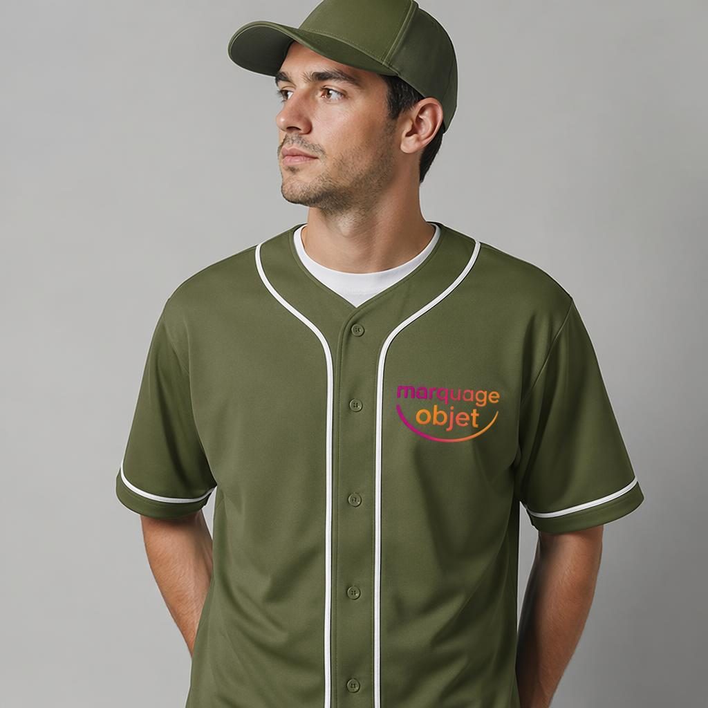 Modèle portant un jersey de baseball vert olive avec logo marquage objet brodé, photo studio nette et réaliste.