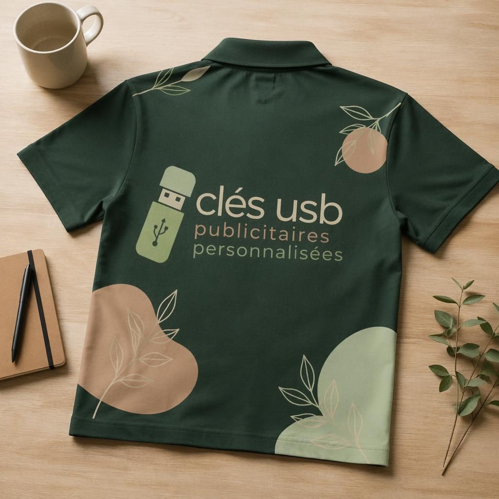 Polo vert forêt en flat lay studio, avec logo typographique pastel imprimé en bande circulaire autour du vêtement.