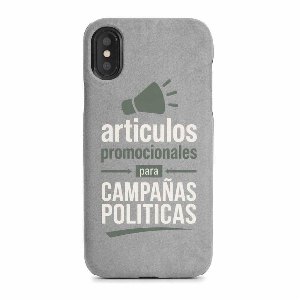 Mockup fotorrealista de funda de móvil gris jaspeado con logo grande en verde salvia e marfil sobre fondo blanco
