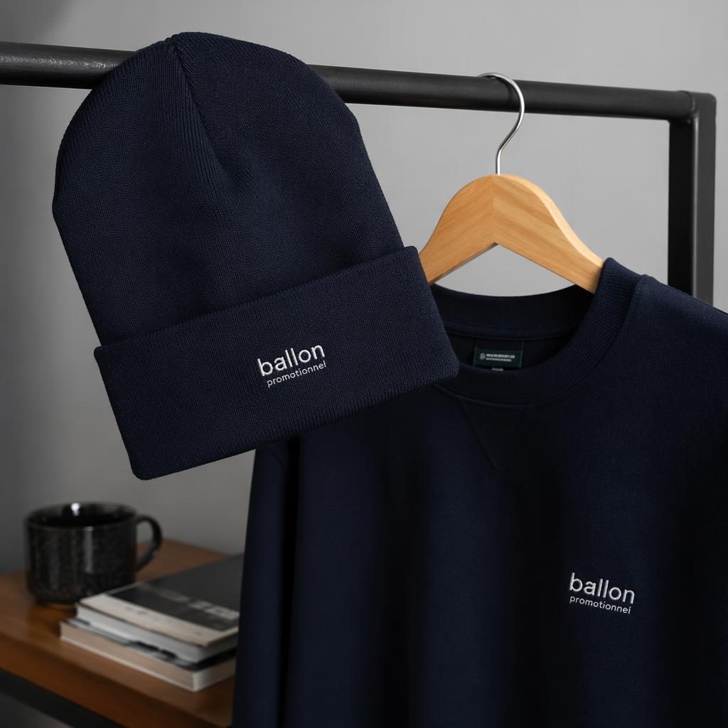 Bonnet marine suspendu sur un portant, avec petit logo ballon promotionnel, rendu photo studio net et minimaliste.