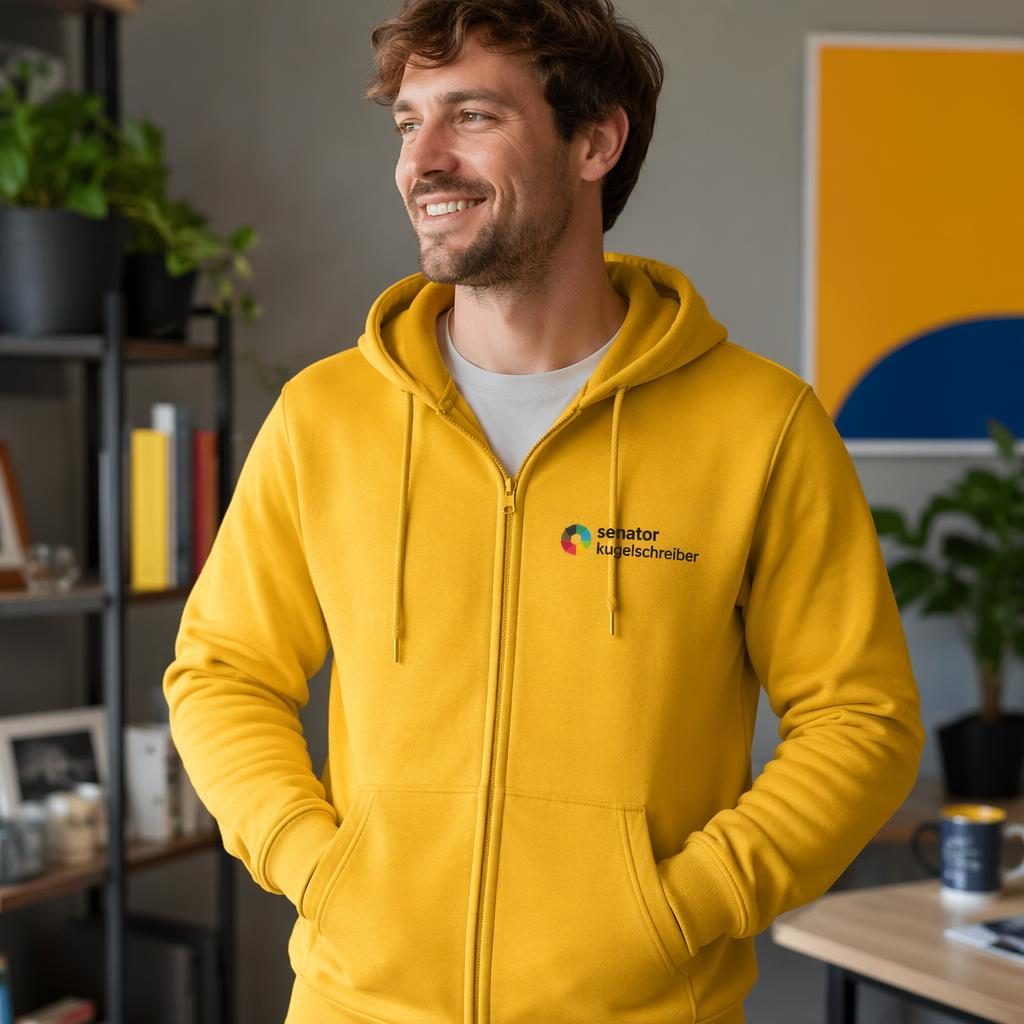 Model trägt senfgelben Zip-Hoodie mit kleinem senator kugelschreiber Logo auf der linken Brust im Studio.