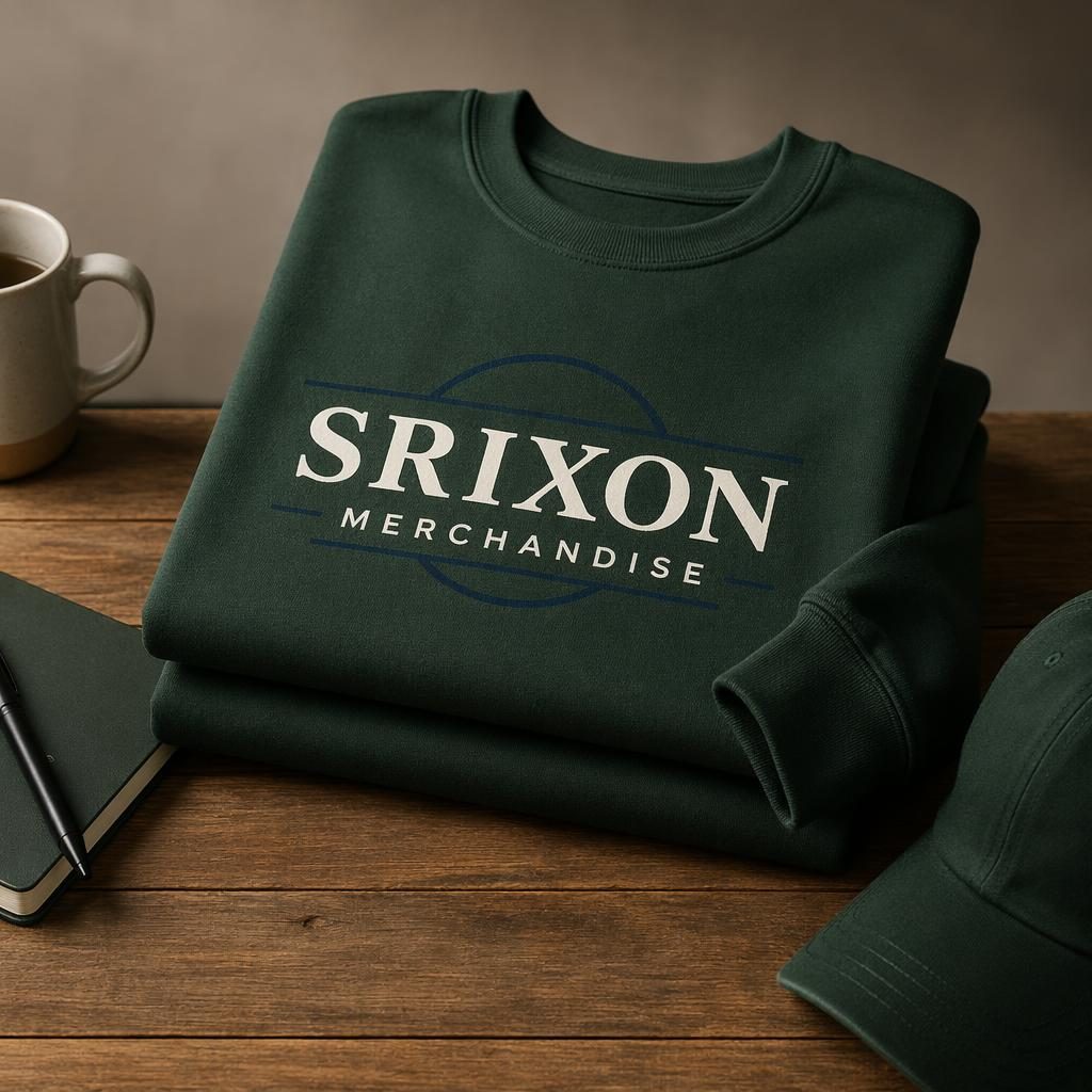 Folded stack of forest green crewneck sweatshirts with centered generic srixon merchandise logo in navy and cream.