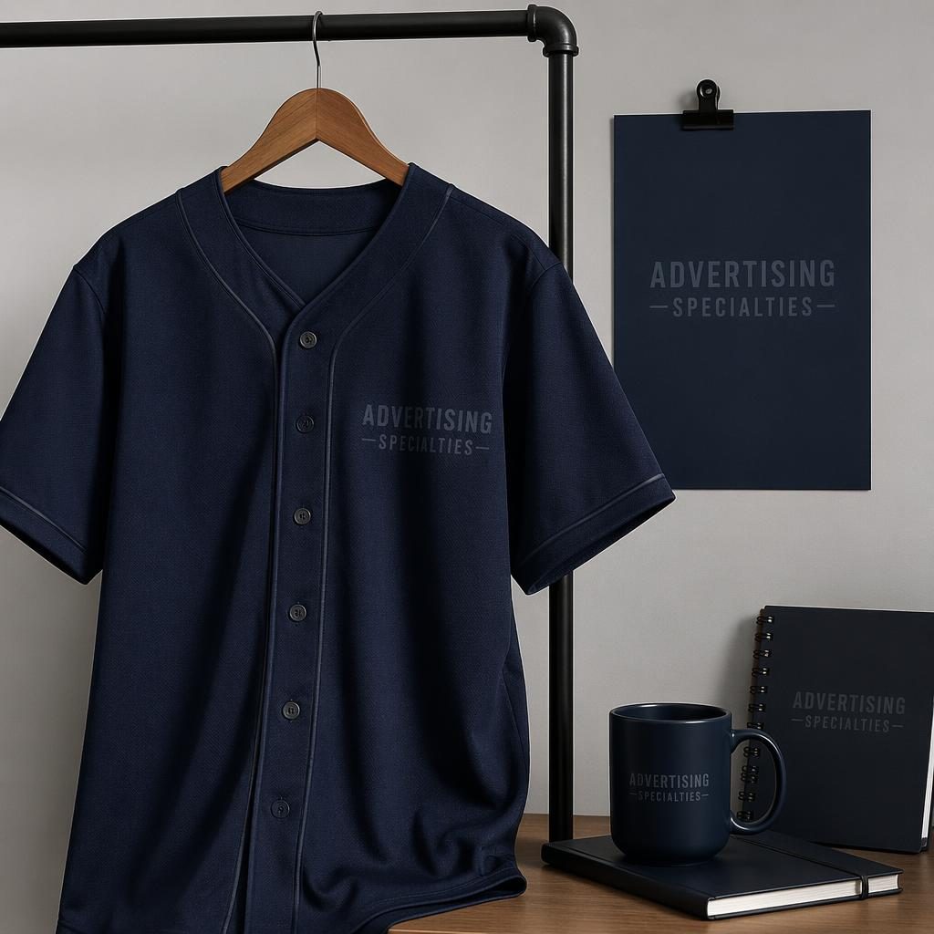 Photo-real navy baseball jersey hanging on a rack with a subtle tone-on-tone advertising specialties logo