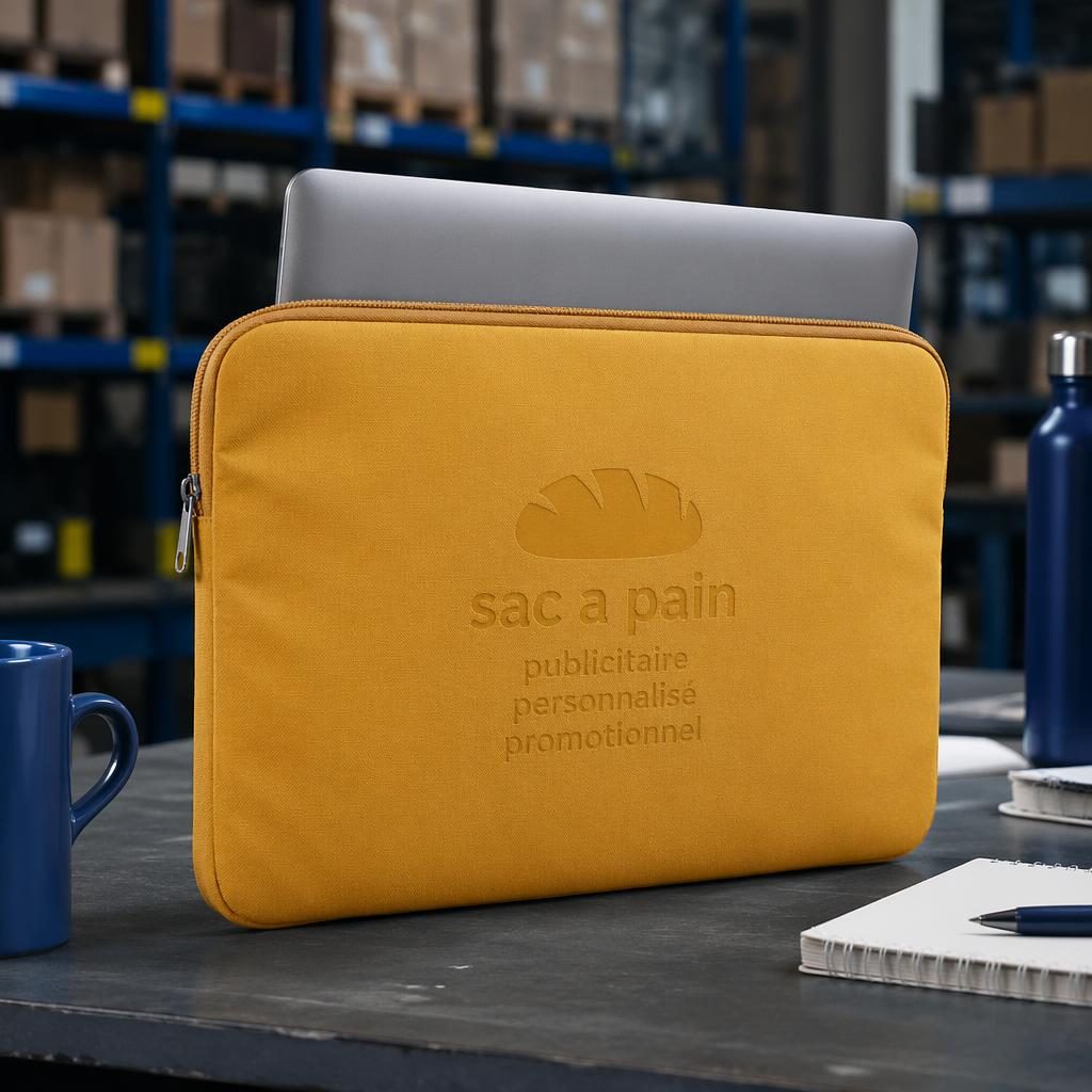 Housse d’ordinateur portable jaune moutarde en mockup photo, logo ton sur ton subtil, décor entrepôt industriel.