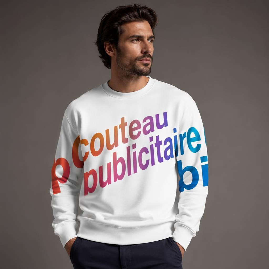 Modèle portant un sweatshirt blanc avec logo couteau publicitaire en impression panoramique dégradée, photo studio.
