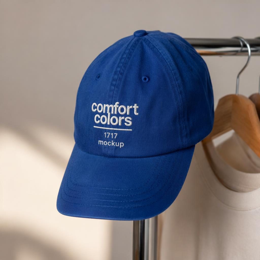 Royal blue cap hanging on a rack with a minimal embroidered placeholder logo in a studio product mockup.