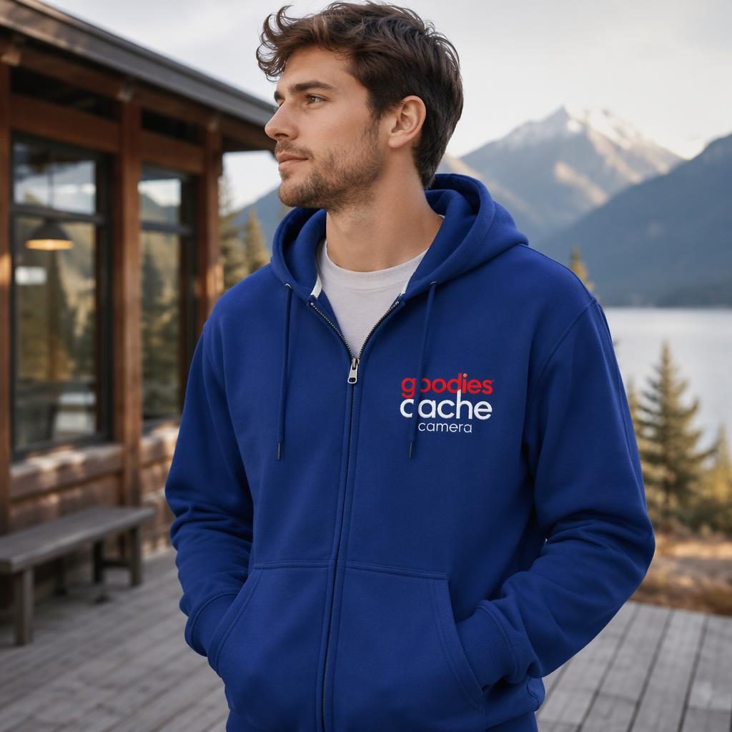Hoodie zippé bleu royal avec logo rouge et blanc brodé, en mockup photo lifestyle extérieur, mise au point nette