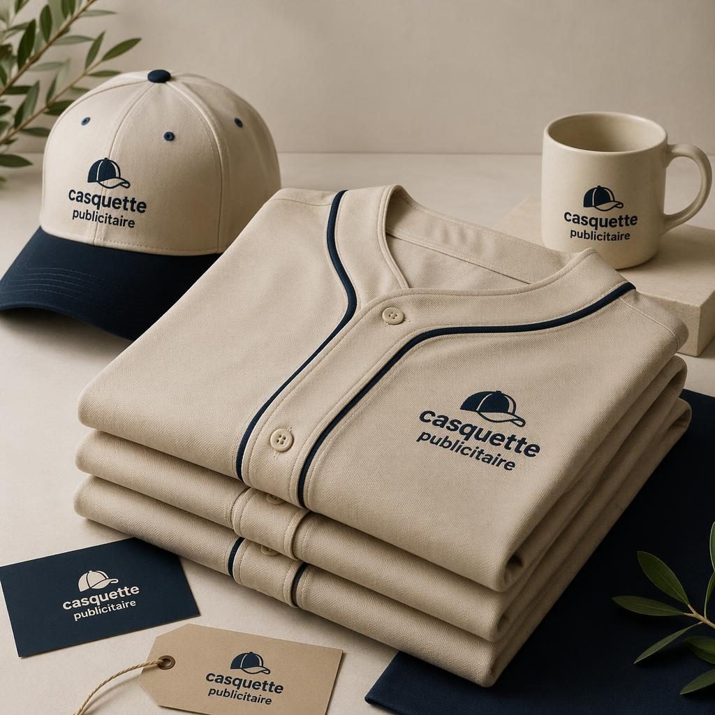 Pile de jerseys baseball beige sable pliés, avec petit logo casquette publicitaire sur la poitrine gauche