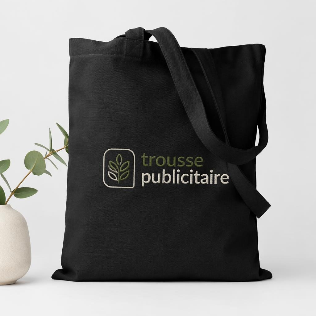 Tote bag noir en mockup photo réaliste sur fond blanc, logo trousse publicitaire brodé en sauge et ivoire