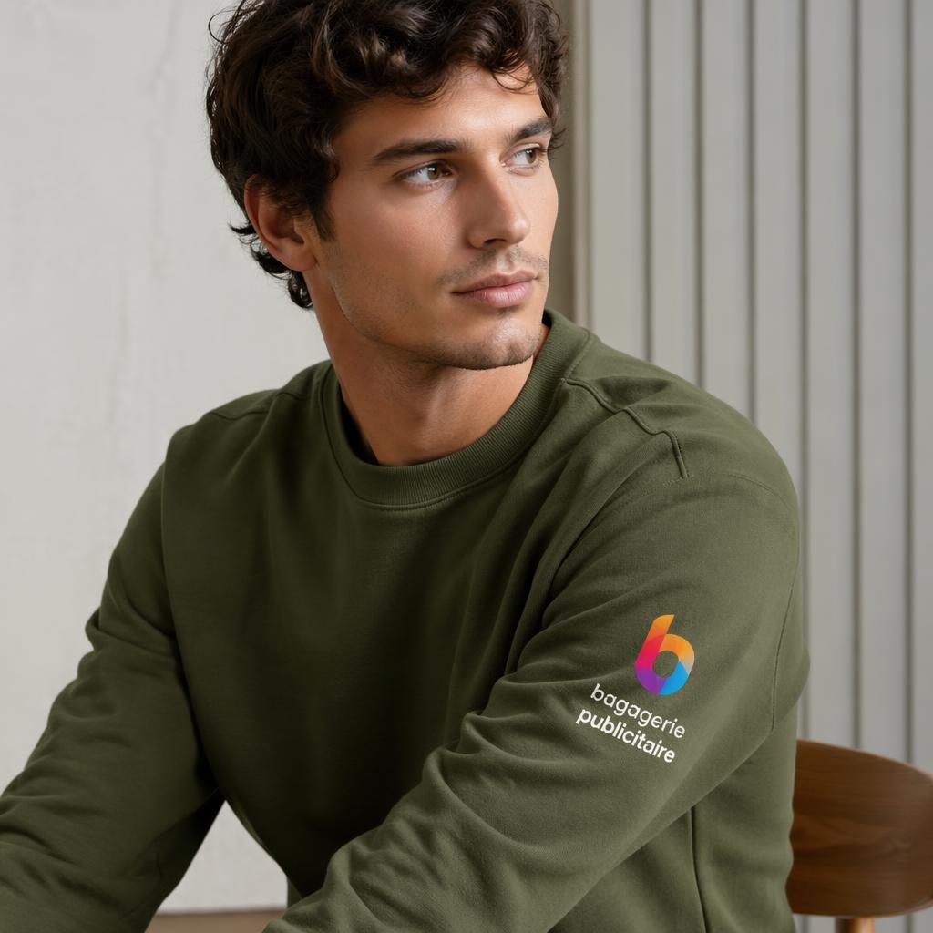Mannequin portant un sweatshirt col rond vert olive avec logo coloré bagagerie publicitaire imprimé sur la manche