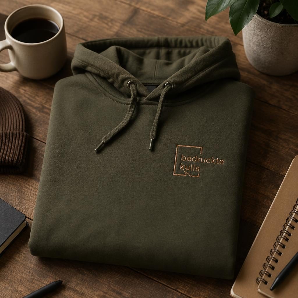 Olivgrüner Hoodie mit bedruckte kulis Logo in Stickoptik auf einem warmen Desk-Lifestyle-Mockup