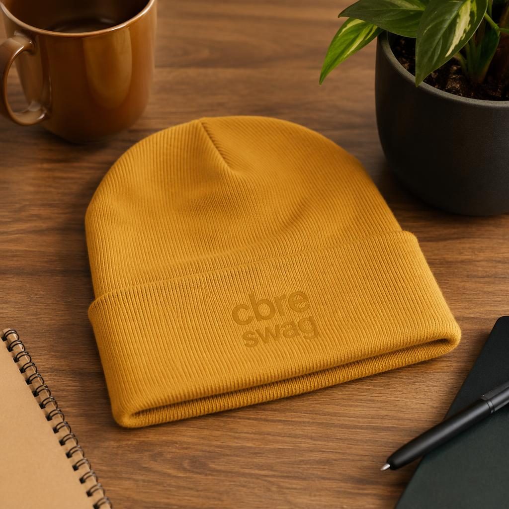 Mustard yellow beanie mockup with subtle tone-on-tone cbre swag logo on a warm desk lifestyle setup.