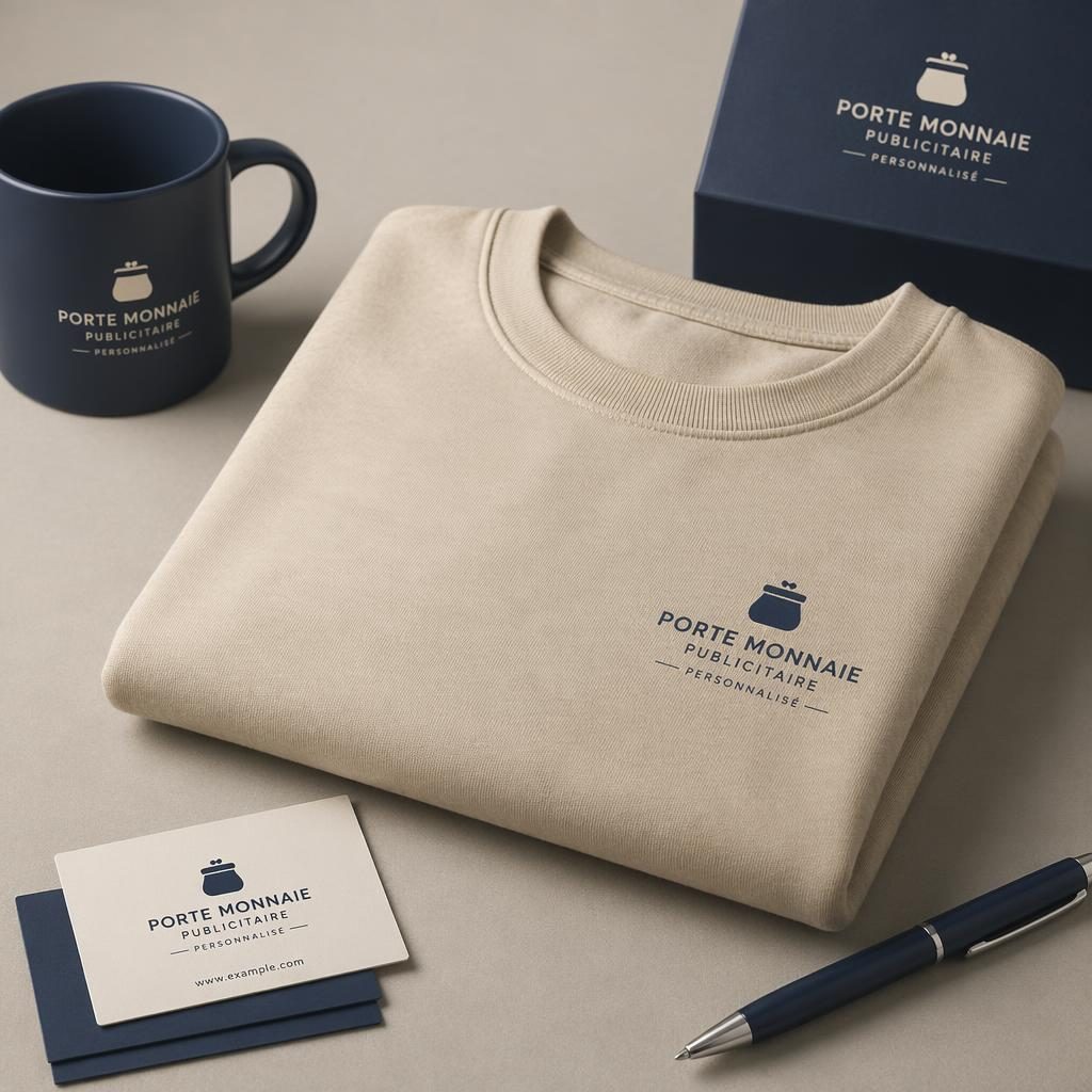 Mockup photo réaliste d’un porte-monnaie beige sable plié, avec petit logo crème et marine, en studio