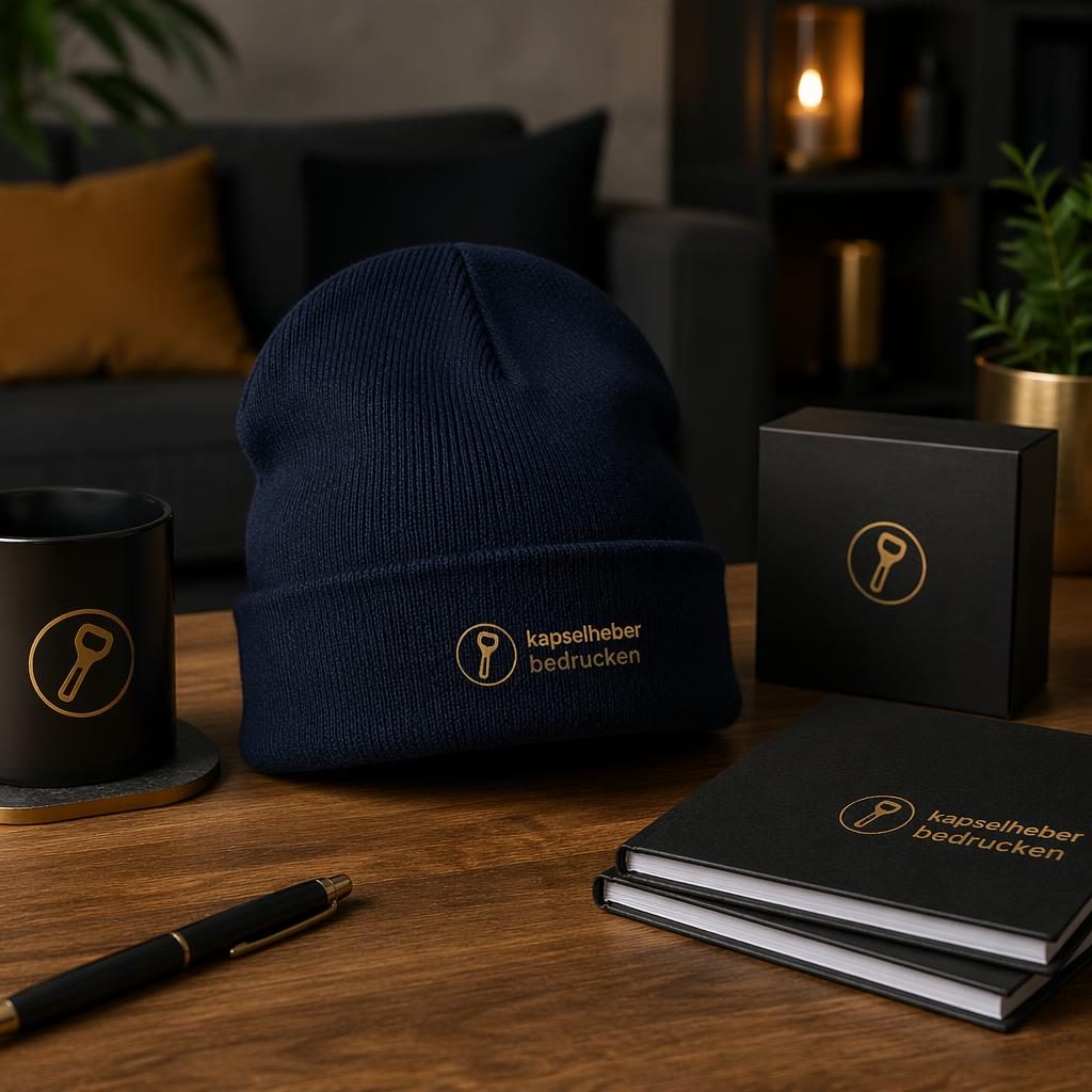 Fotorealistisches Navy-Beanie-Mockup im Cozy-Home-Stil mit kleinem goldenen Logo links, scharfer Stoffstruktur