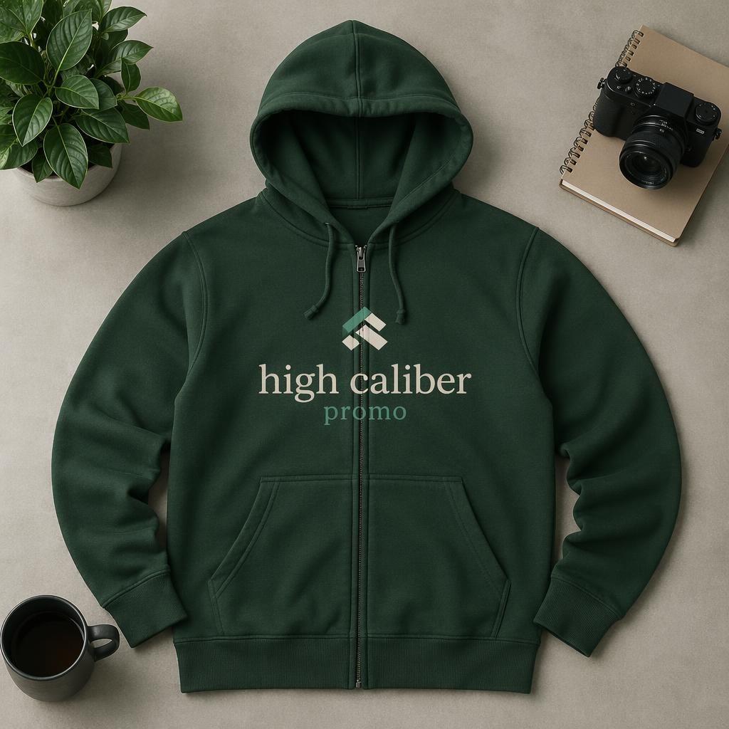 Studio flat lay mockup of a forest green zip-up hoodie with high caliber promo logo centered on the chest