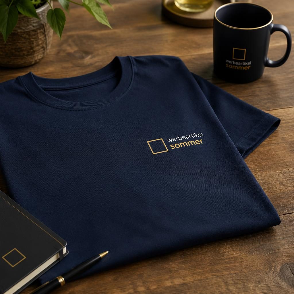 Fotorealistisches navy T-Shirt mit kleinem werbeartikel sommer Logo links auf der Brust im cozy Home-Setup