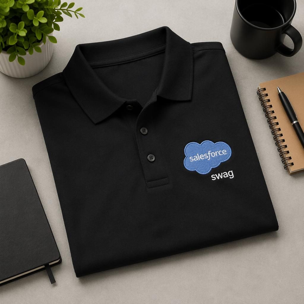 Studio flat lay mockup of a black polo shirt with generic embroidered salesforce swag logo in soft pastel tones