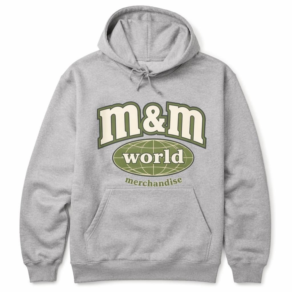 Heather gray hoodie mockup on a white background with a large sage and ivory m&m world merchandise logo print