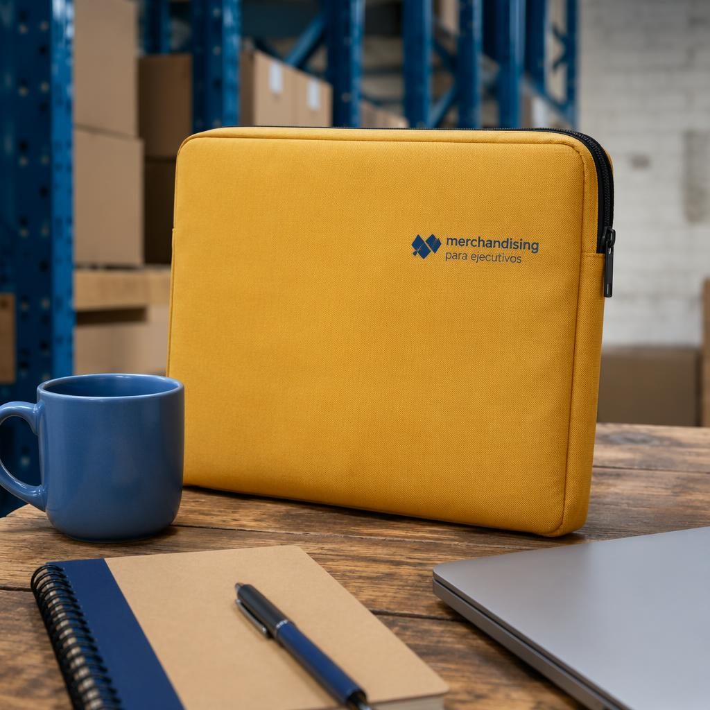 Funda para portátil amarilla mostaza con logo azul pequeño en estilo industrial, fotografiada en estudio