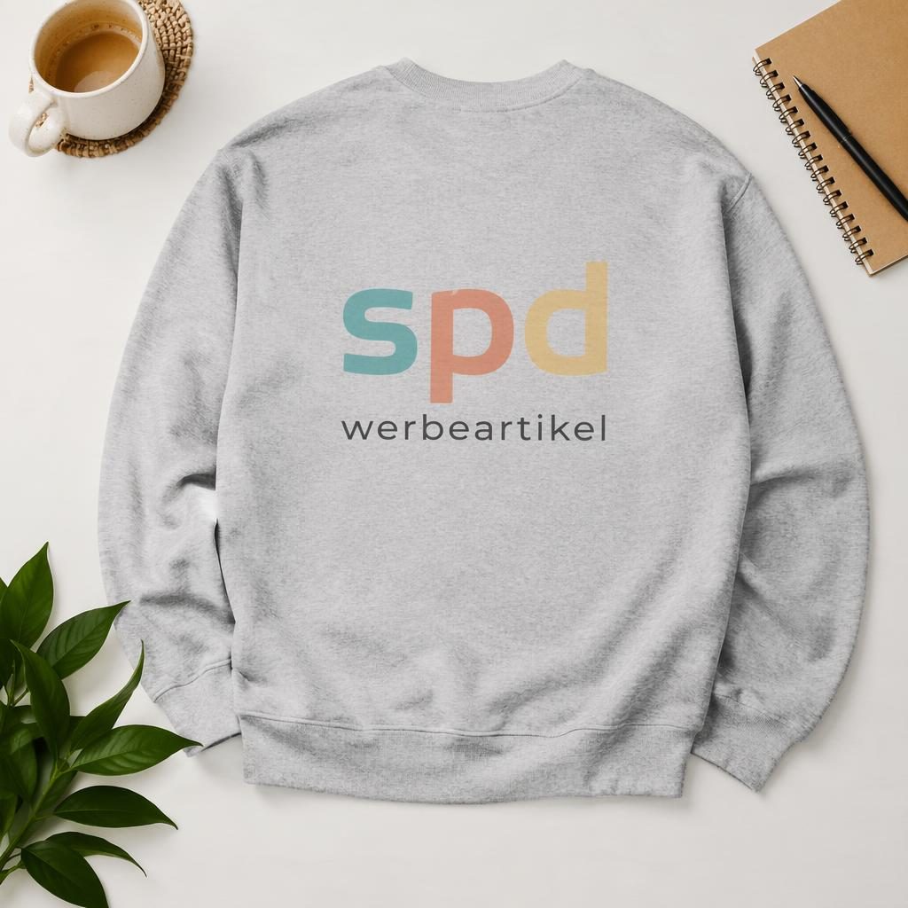 Heather-graues Sweatshirt als Studio-Flachlay mit großem spd werbeartikel Logo auf dem Rücken