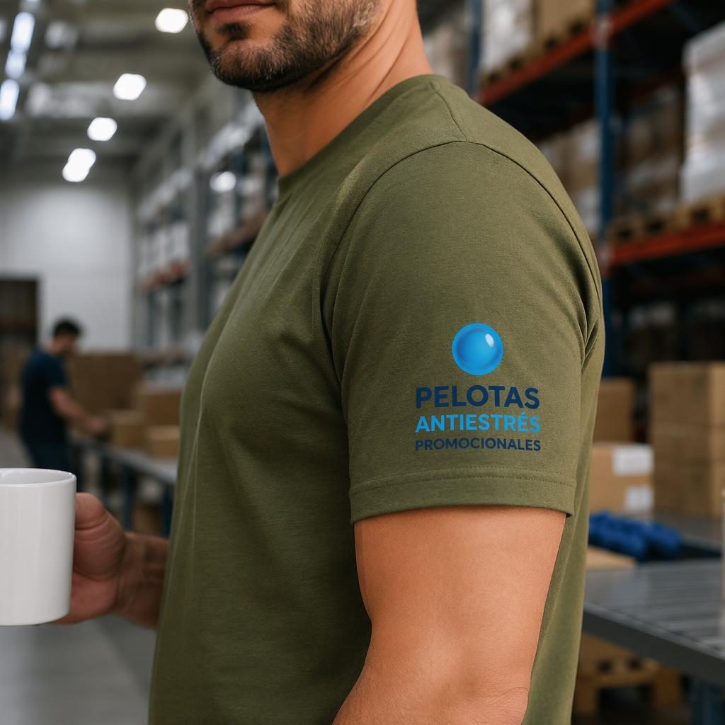 Camiseta verde oliva en mockup industrial, con logo azul en la manga, foto de estudio y textura de tela visible.