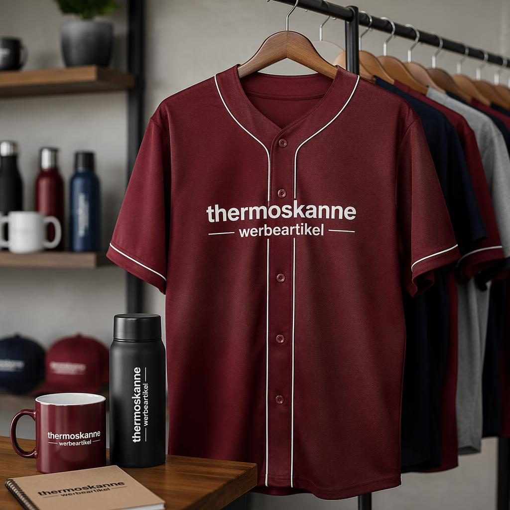 Bordeauxfarbenes Baseball-Jersey mit mittigem thermoskanne werbeartikel-Logo, hängend an einer Kleiderstange im Studio