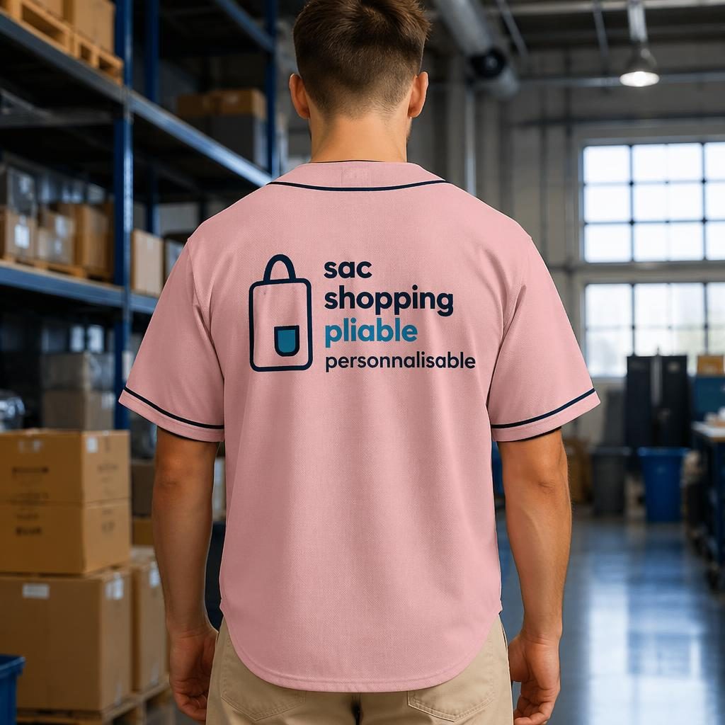 Mockup photo réaliste d’un maillot de baseball rose poudré, vue dos, avec logo tech bleu en décor industriel.