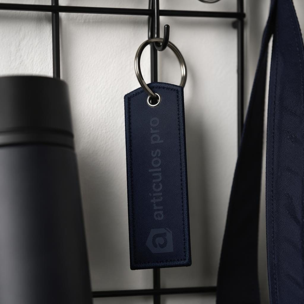 Mockup fotorrealista de llavero azul marino colgado en rack con logo articulos pro tono sobre tono sutil