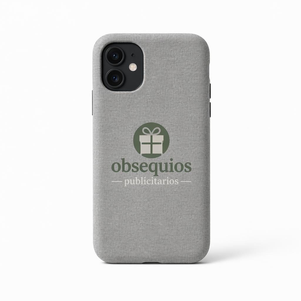 Funda de móvil gris jaspeado con logo obsequios publicitarios sobre fondo blanco minimalista
