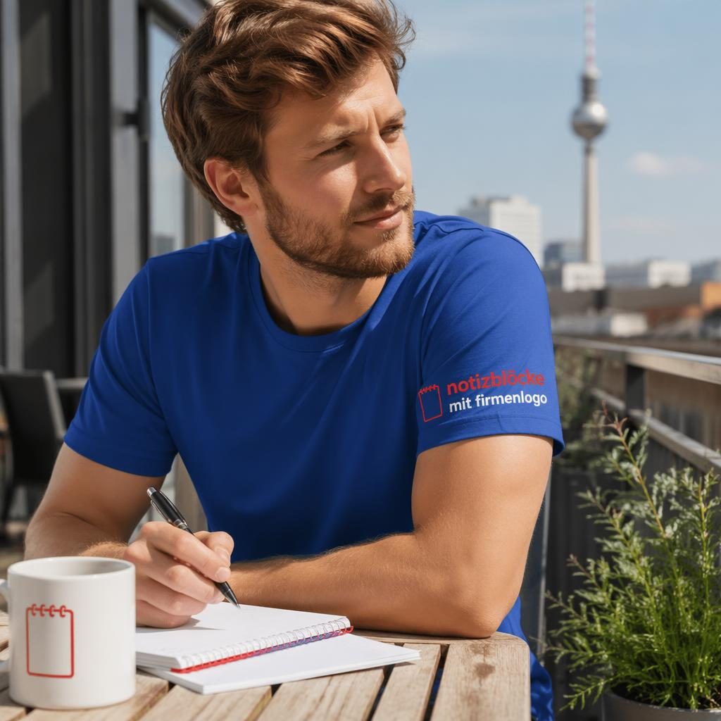 Fotorealistisches royalblaues T-Shirt im Outdoor-Lifestyle-Mockup mit rotem und weißem Logo am Ärmel
