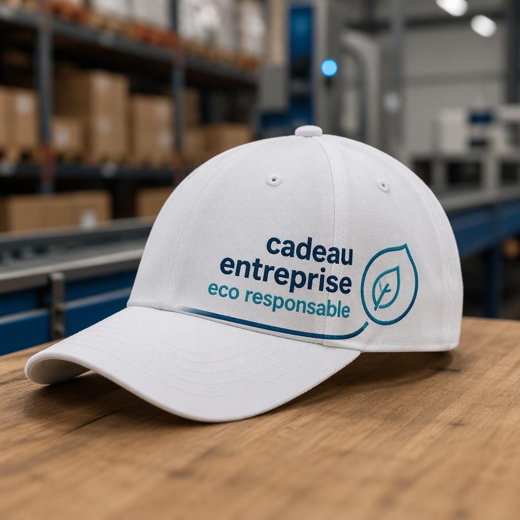 Mockup photo réaliste d’une casquette blanche avec logo bleu, style entrepôt industriel, texture textile nette.